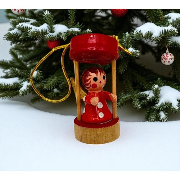 Vintage Wooden Angel Christmas Tree Ornament Red Polka Dot Dress Gold Wings - Picture 1 of 6